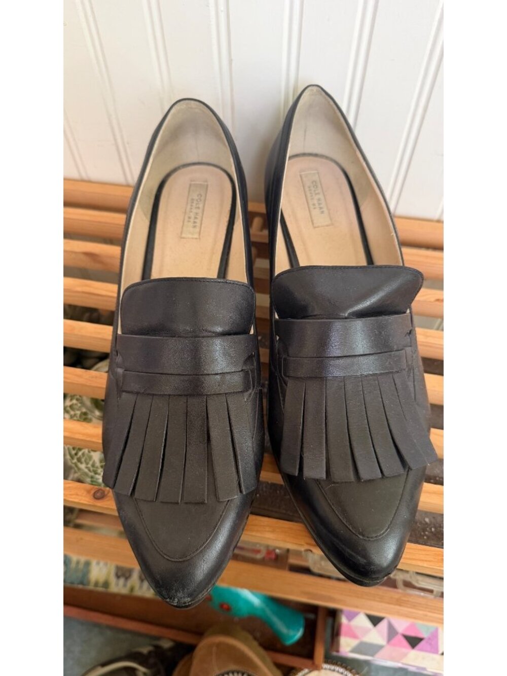 Cole Haan Black Leather Fringe Loafers With Block Heel Womens Size 11